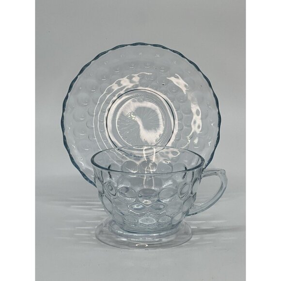 ANCHOR HOCKING Sapphire BLUE BUBBLE CUP & SAUCER SET - Picture 2 of 7